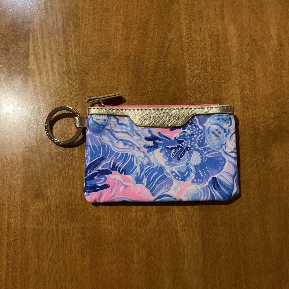 Lilly Pulitzer ID Case Wallet Shade Seekers Blue Tropical Coin Purse Keychain